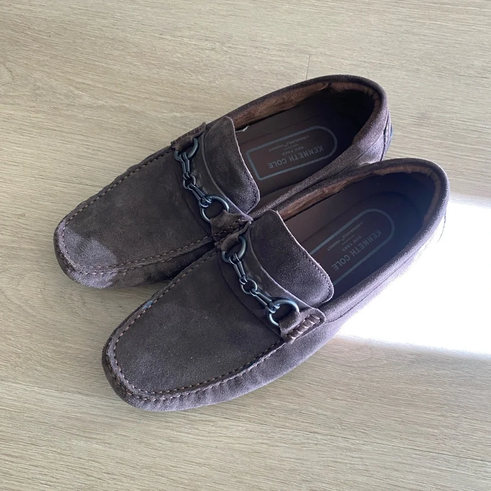 Kenneth Cole NY Brown Suede Driving Loafers Mens Horsebit Chain Slip On 10.5
